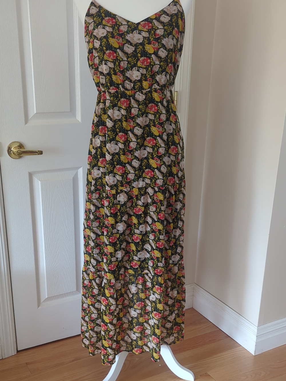J. Crew Black Floral Spaghetti-Strap Maxi Dress with Pink and Yellow Blooms